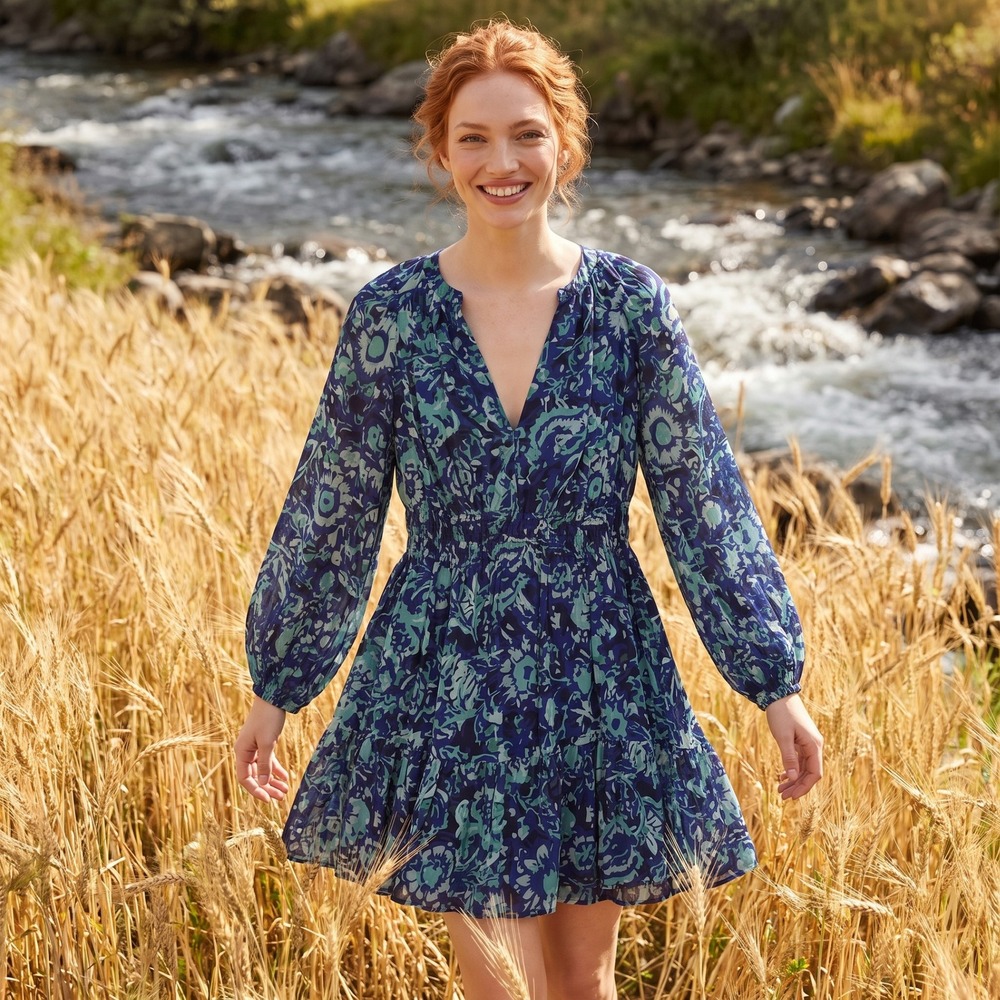 By Anthropologie Mini Dress Womens S Blue Abstract Paisley Smocked Boho Tiered